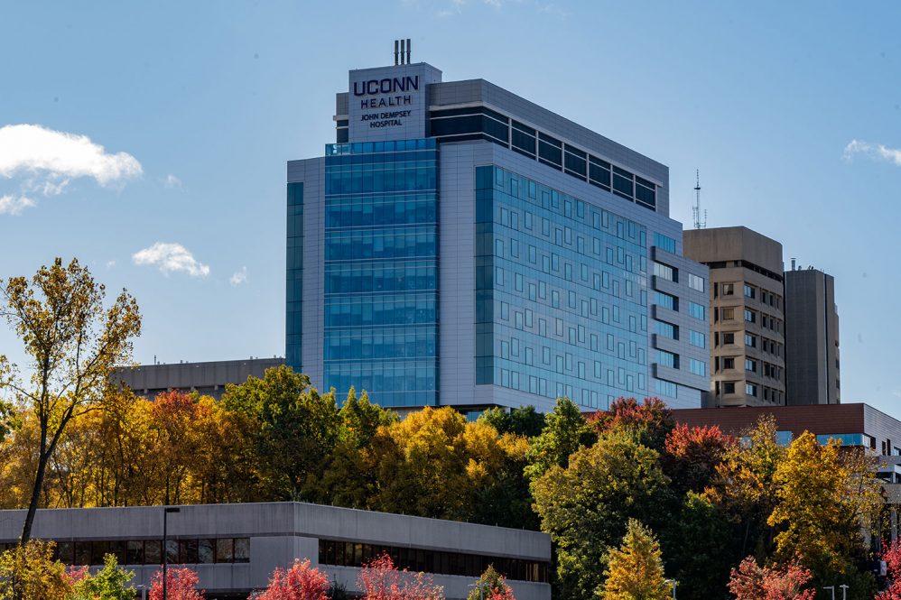 Campus photo of UConn John Dempsey Hospital in autumn