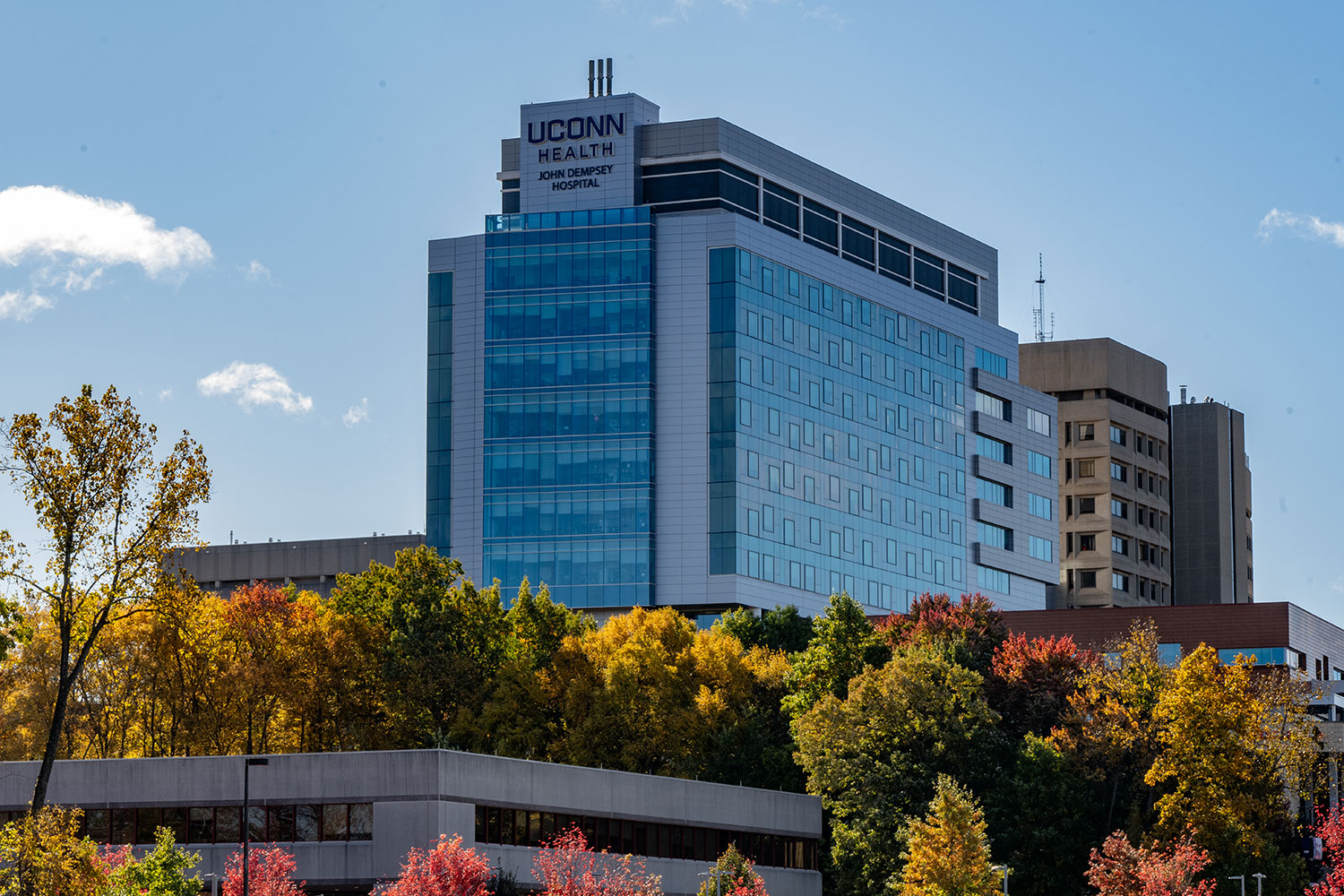 Campus photo of UConn John Dempsey Hospital in autumn