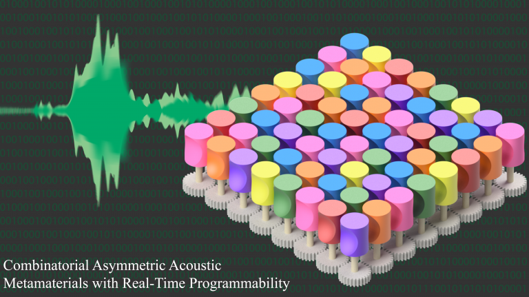 Artist's rendering of a grid of colorful pillars being hit by a soundwave