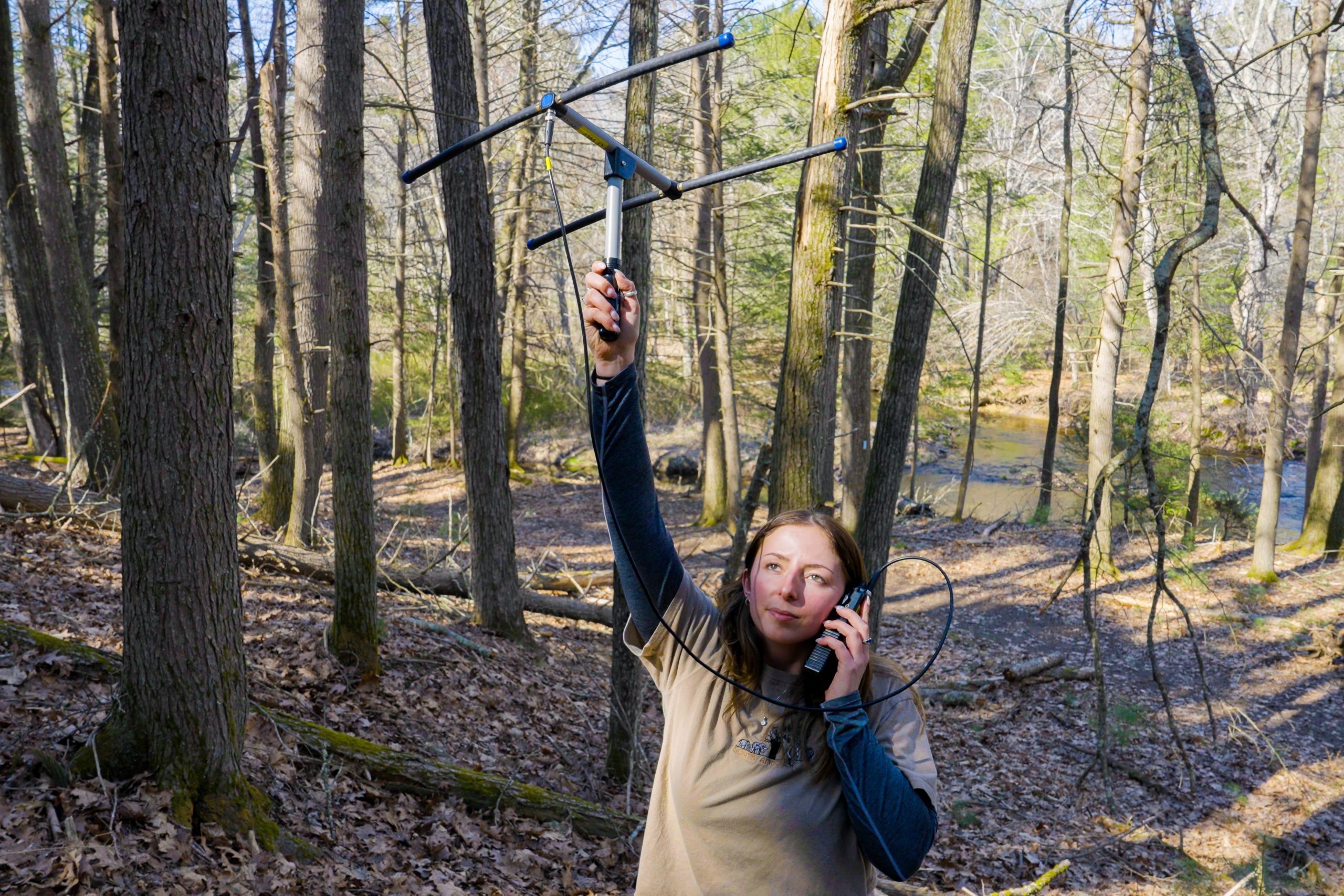 Woman holding telemetry device in the forest.