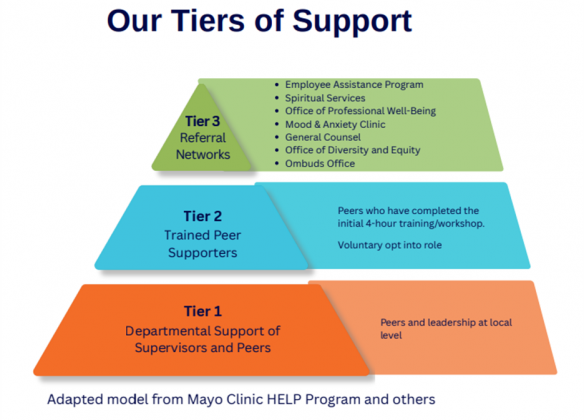 Visual showing three tiers of support: Tier 1, Departmental Support of Supervisors and Peers; Tier 2, Trained Peer Supporters; Tier 3, Referral Networks