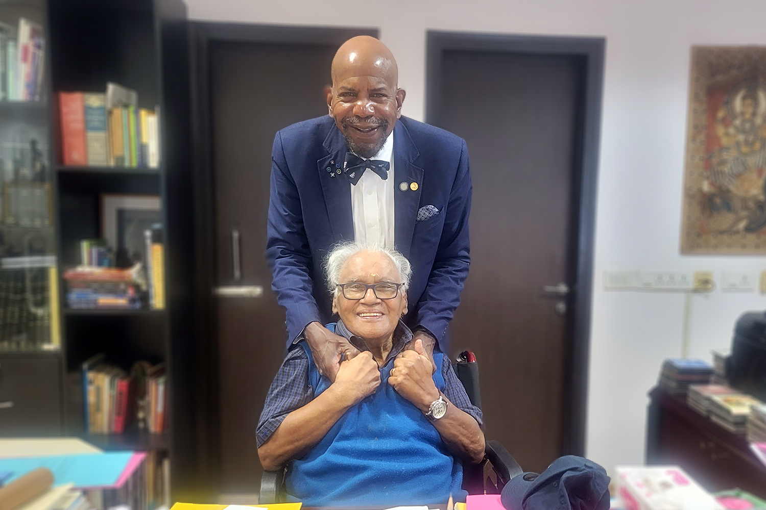 Warm embrace of Dr. Cato T. Laurencin with Professor C.N.R. Rao in Bangalore, India office.