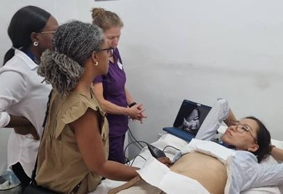 Residents learning how to perform ultrasound in Zambia.