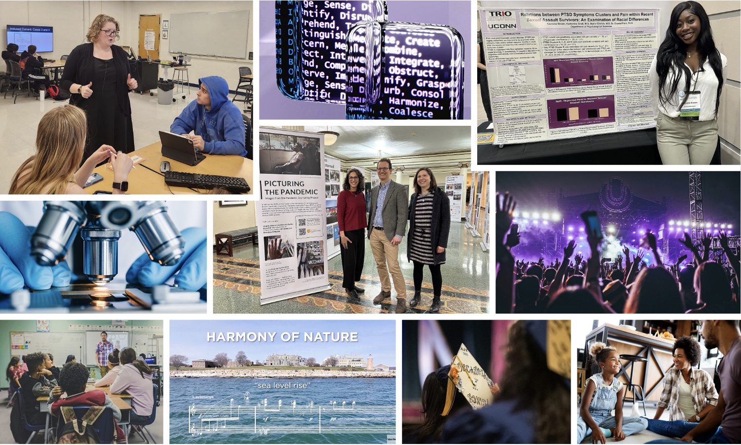 A collage of images showing UConn researchers and tools such as microscopes and labs