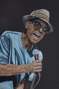 A painting of a man in a hat and sunglasses holding a microphone.