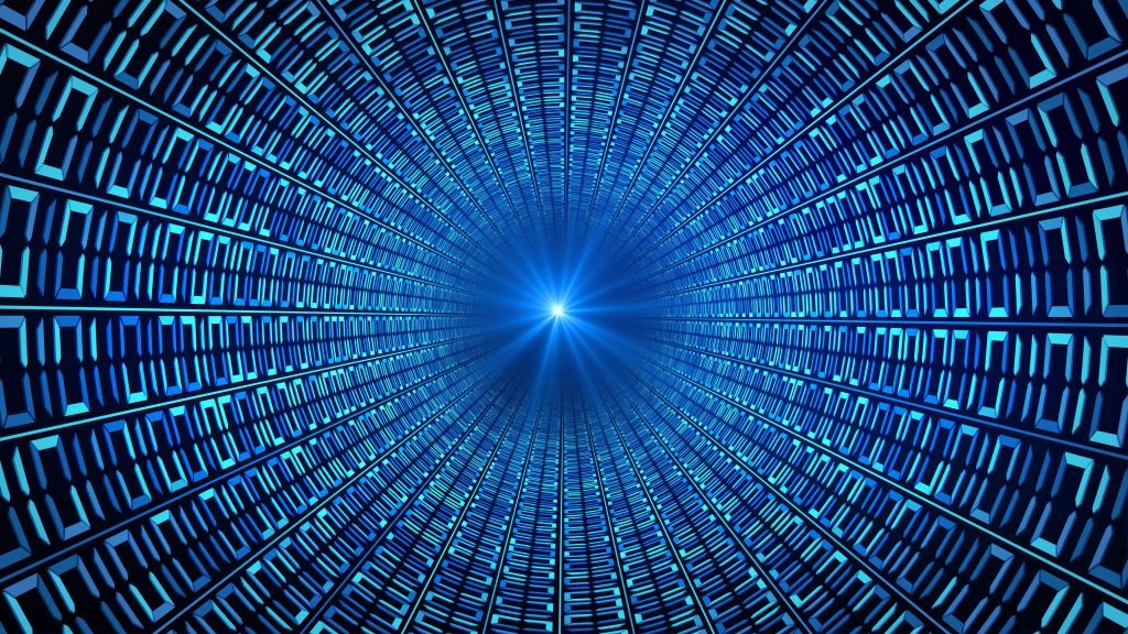 A tunnel-like digital graphic with blue binary code converging toward a bright light at the center.