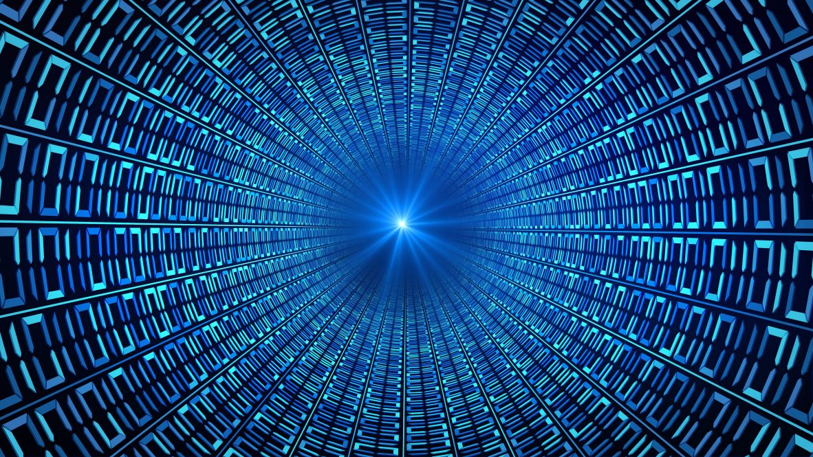 A tunnel-like digital graphic with blue binary code converging toward a bright light at the center.