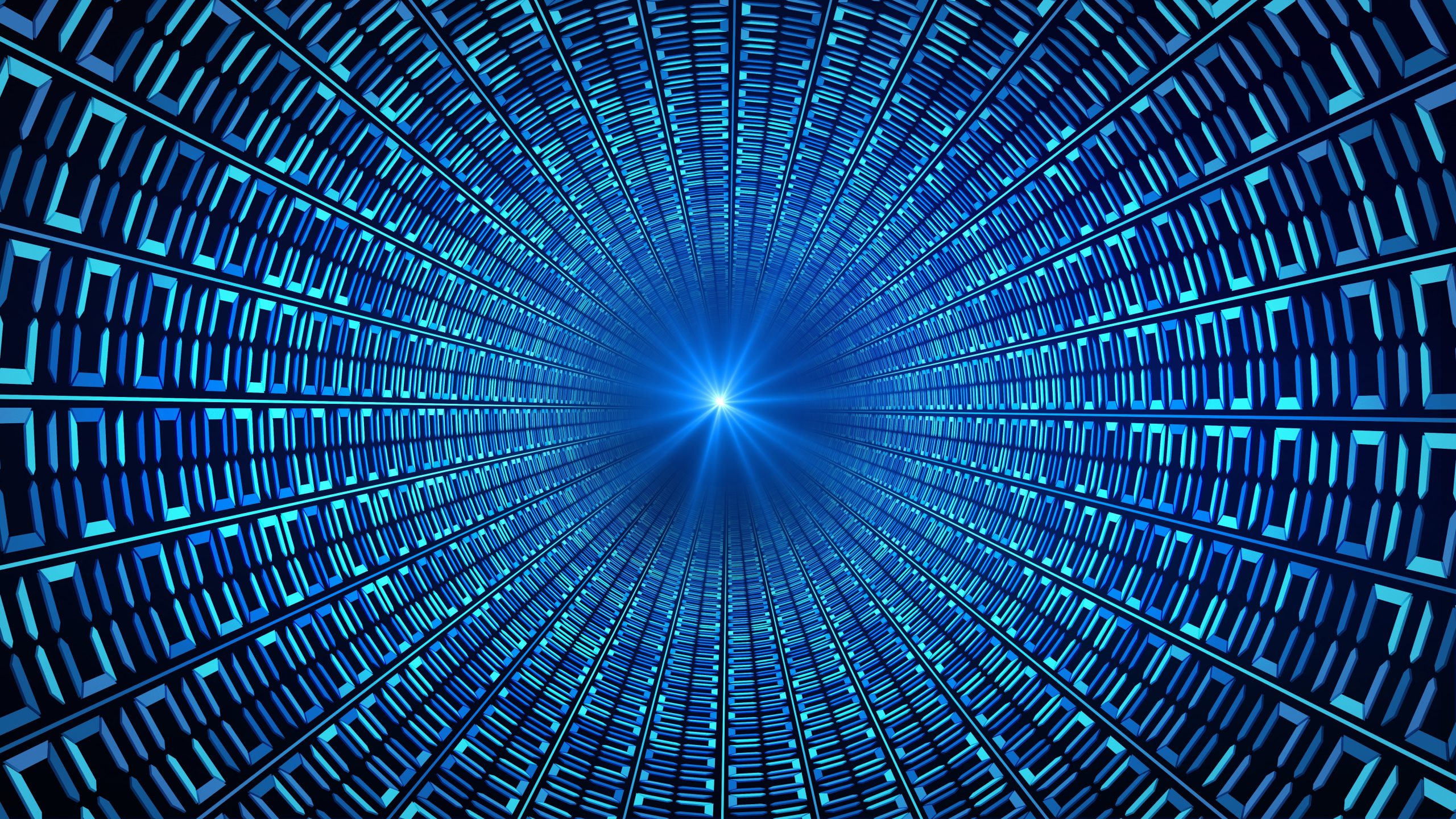 A tunnel-like digital graphic with blue binary code converging toward a bright light at the center.