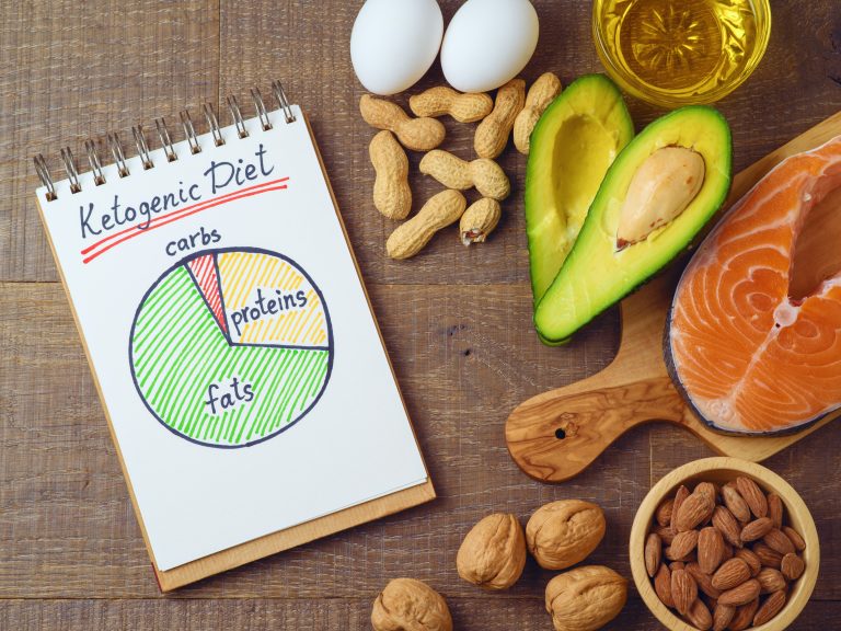 Ketogenic low carbs diet concept. Healthy eating and dieting with salmon fish, avocado, eggs and nuts.