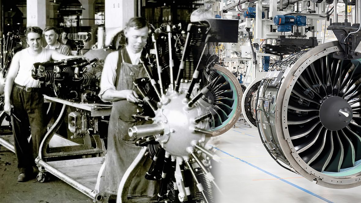 A collage of an original Pratt & Whitney engine next to a modern engine.