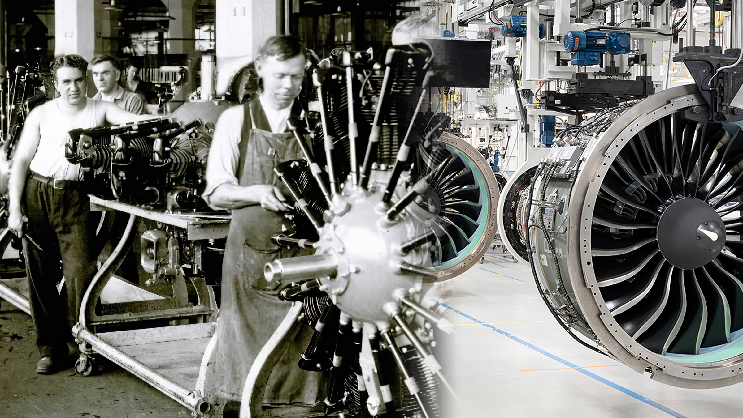 A collage of an original Pratt & Whitney engine next to a modern engine.