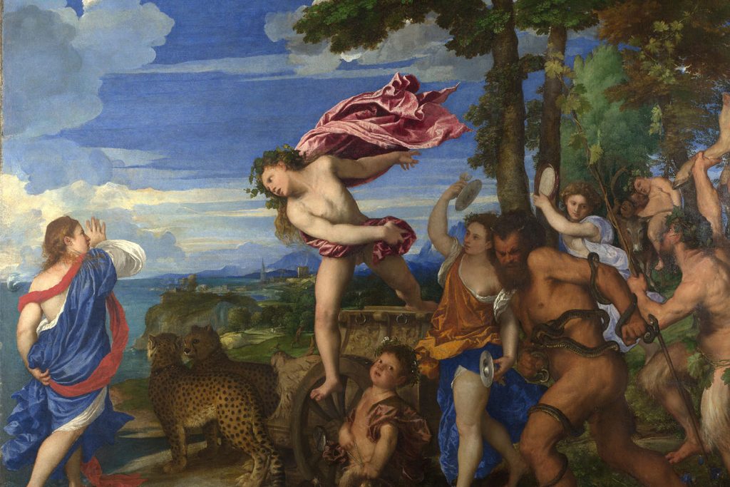 A Renaissance painting of animals and a group of people, many scantily clothed.