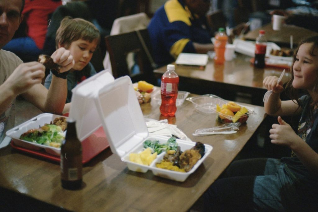 Children eating school lunch