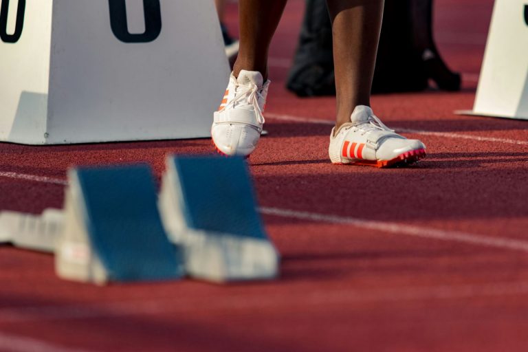 View of the feet of an athlete at a track meet