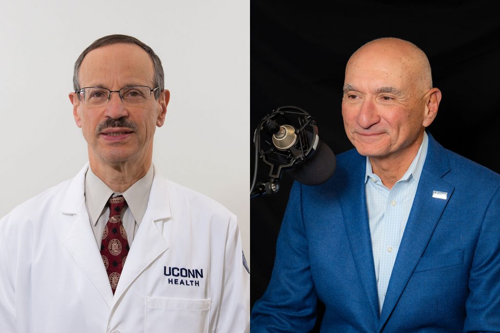 Dr. Peter Schulman studio portrait in white coat and Dr. Tony Alessi candid at microphone in studio