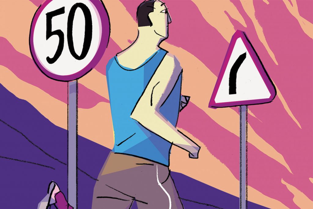 An illustration featuring a male runner going past a road sign that says 50 on it. Ahead, there is another, cautionary road sign with a bent path icon on it.