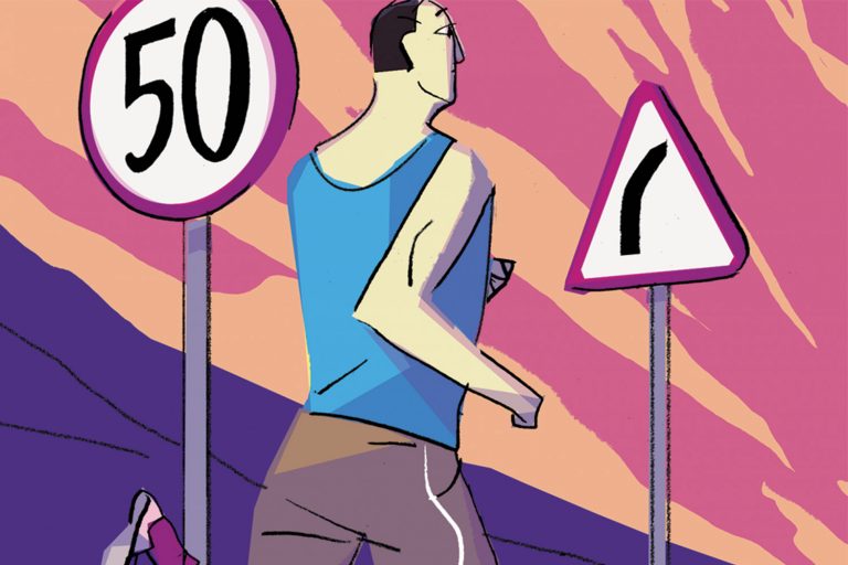An illustration featuring a male runner going past a road sign that says 50 on it. Ahead, there is another, cautionary road sign with a bent path icon on it.