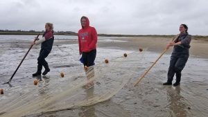 three people standing in water holding a fishing net