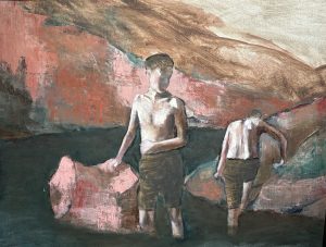 A painting of two young men wading in a canyon river.