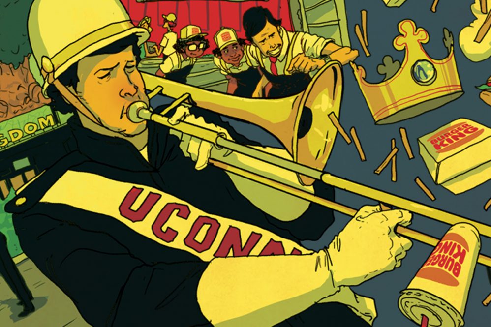 A fluid horizontal layout image that illustrates the article below. The illustration features Peter Laporta evacuating guests from Disney's Animal Kingdom, then peter Laporta playing trombone for UCONN marching band, Laporta managing at Burger King, and Laporta holding a wand in the debut of The Wizarding World of Harry Potter, as a dragon flies overhead.