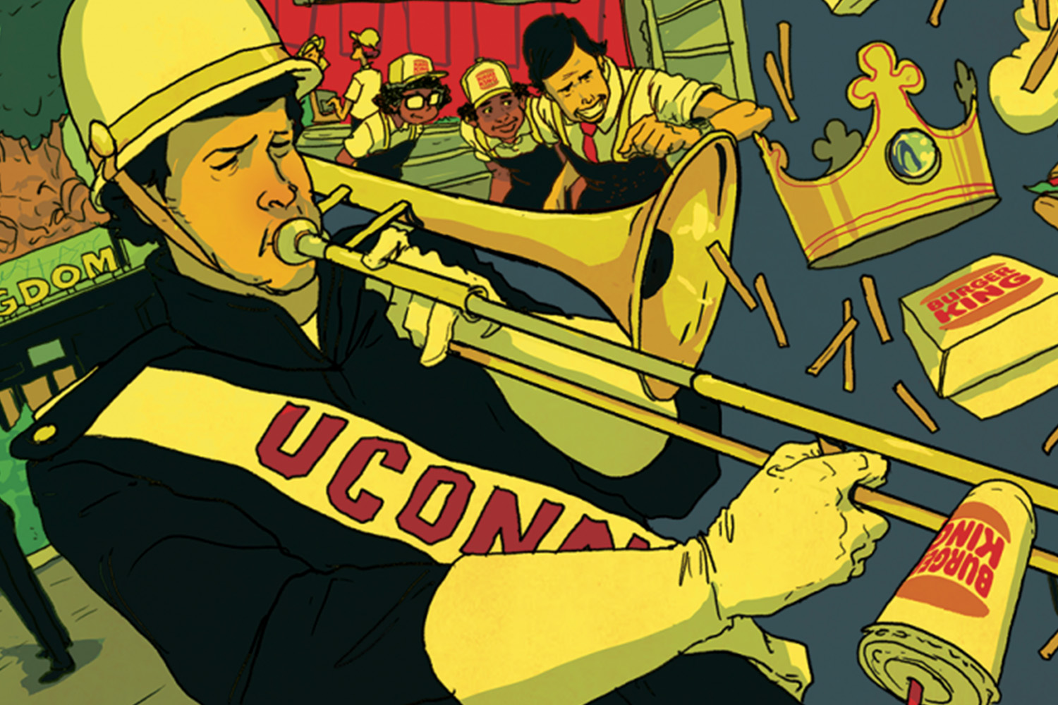 A fluid horizontal layout image that illustrates the article below. The illustration features Peter Laporta evacuating guests from Disney's Animal Kingdom, then peter Laporta playing trombone for UCONN marching band, Laporta managing at Burger King, and Laporta holding a wand in the debut of The Wizarding World of Harry Potter, as a dragon flies overhead.