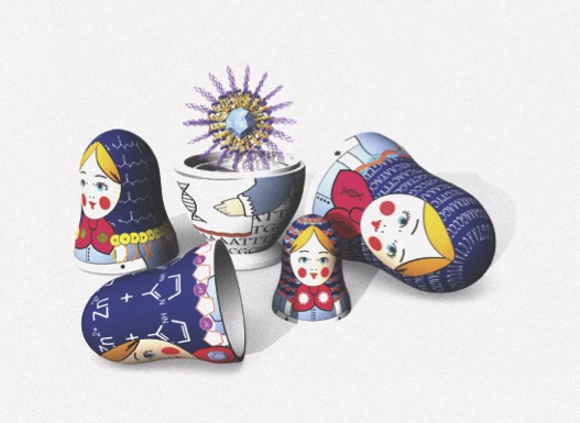 Nesting dolls with protein shell, aptamers, Zinc cage, etc. in the decorations, with the mRNA surrounded by fatty molecules like a jewel in the center.