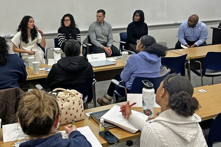 From left, Ilene Garcia ’24, MSW ’25; Michelle Rivera, UConn School of Social Work program assistant; Gus Marks-Hamilton ’03, ’17 MSW; and Tynisha Tyson ’05