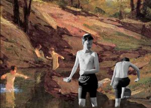 A black-and-white photograph of two young men wading in a river with a color painted background.