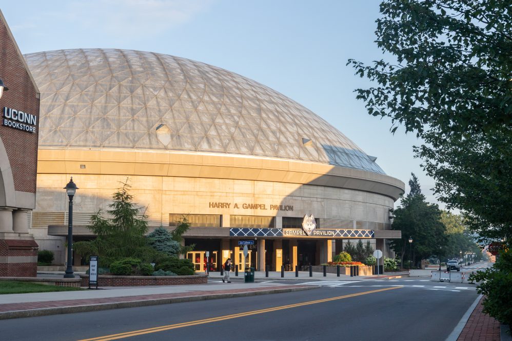 The exterior of Gampel Pavilion in the morning.