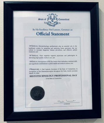 framed proclamation from Governor Lamont proclaiming March 10, 2026, as Histotechnology Professionals Day
