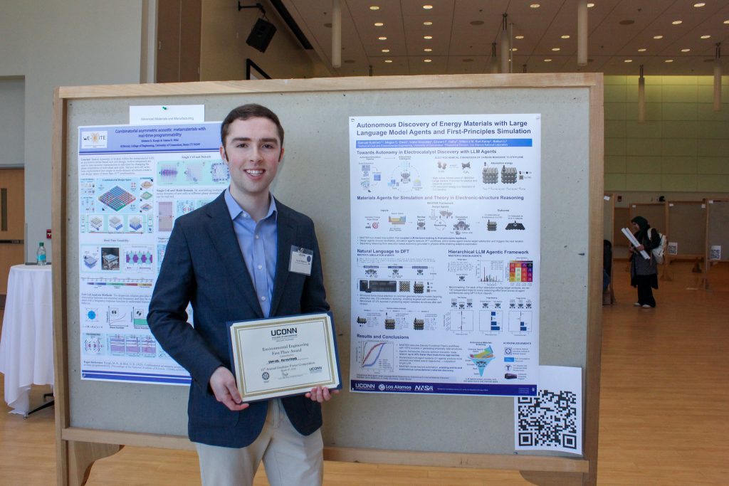 Samuel Rothfarb, Environmental Engineering graduate student, stands beside his research poster after winning first place at the 12th Annual UConn Engineering Graduate Poster Competition.
