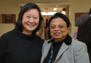 Two of the several poster judges Beiyan Zhou, Ph.D. and Nilanjana Maulik, Ph.D., FAHA from the GWIMS Steering Committee.