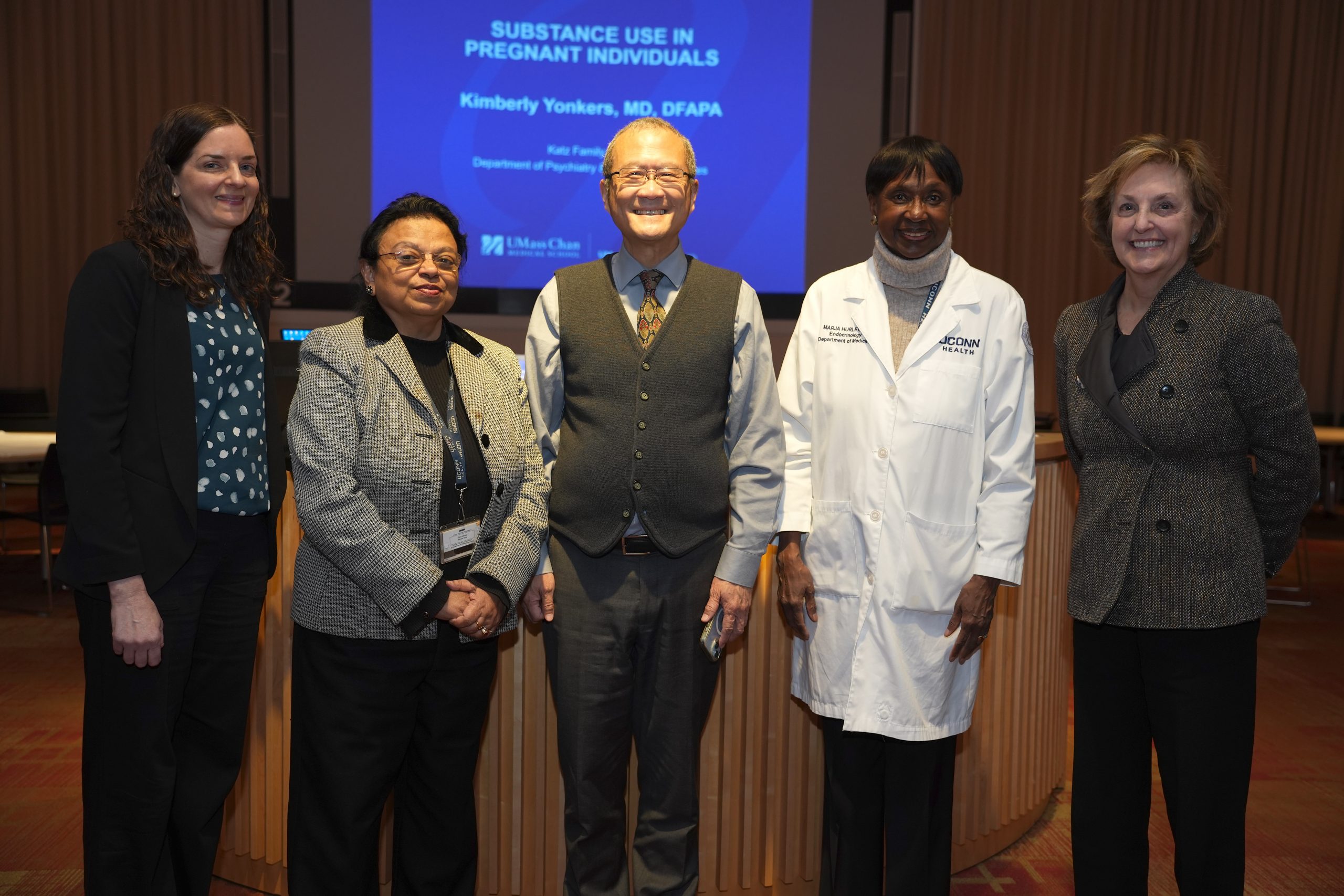 UConn School of Medicine Dr. Kristyn Zajac, Nilanjana Maulik, Ph.D., Dean Dr. Bruce T. Liang, Dr. Marja Hurley with visiting keynote speaker Dr. Kimberly Yonkers.