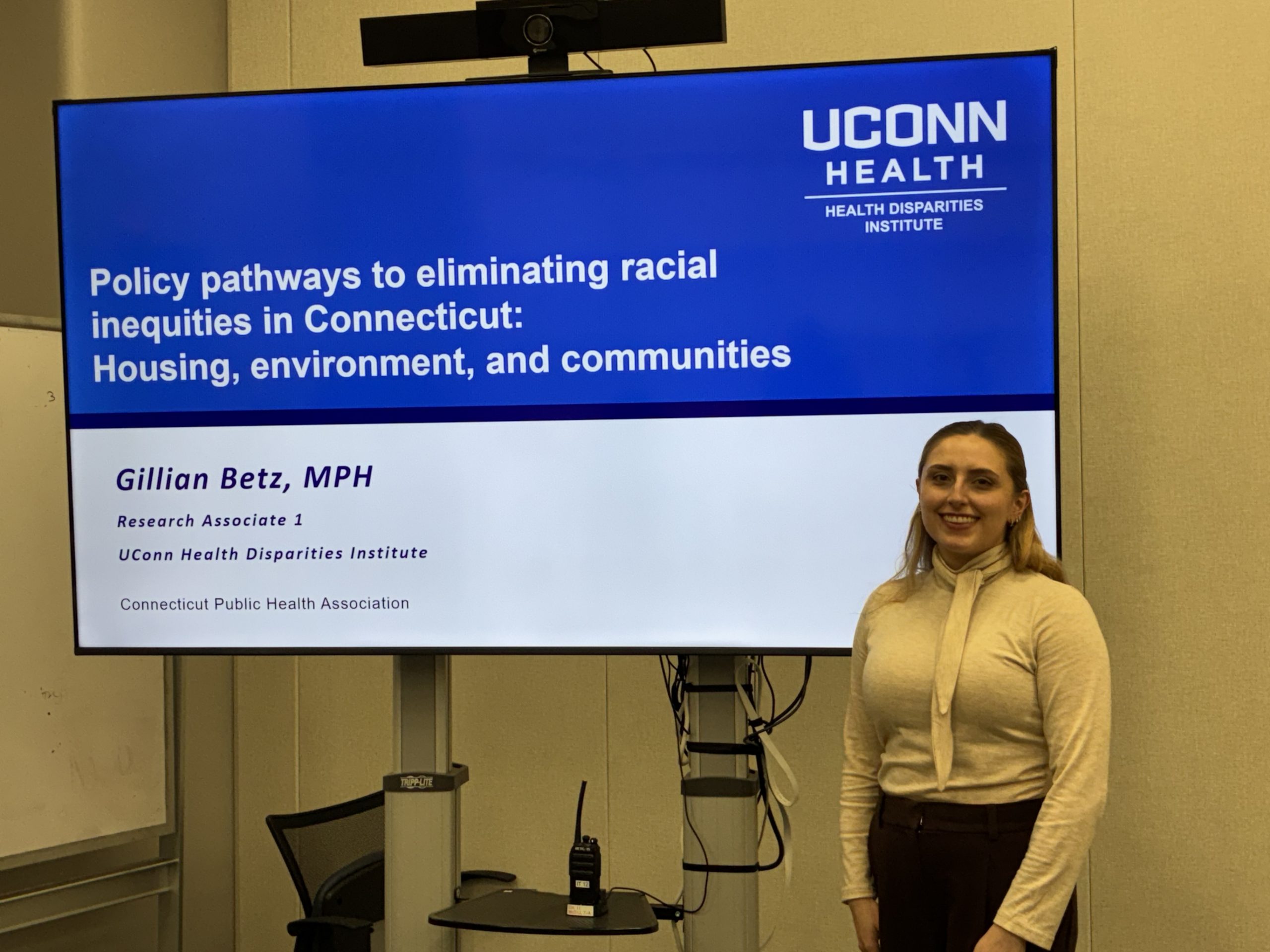 Gillian Betz, MPH of the UConn Health Disparities Institute presenting research findings at 2026 CPHA Annual Meeting.