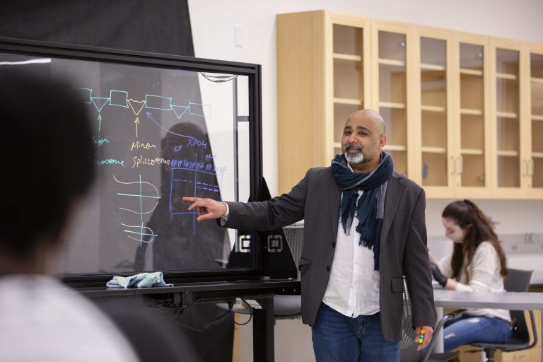 A professor, Rahul Kanadia, lecturing and gesturing at a colorful whiteboard