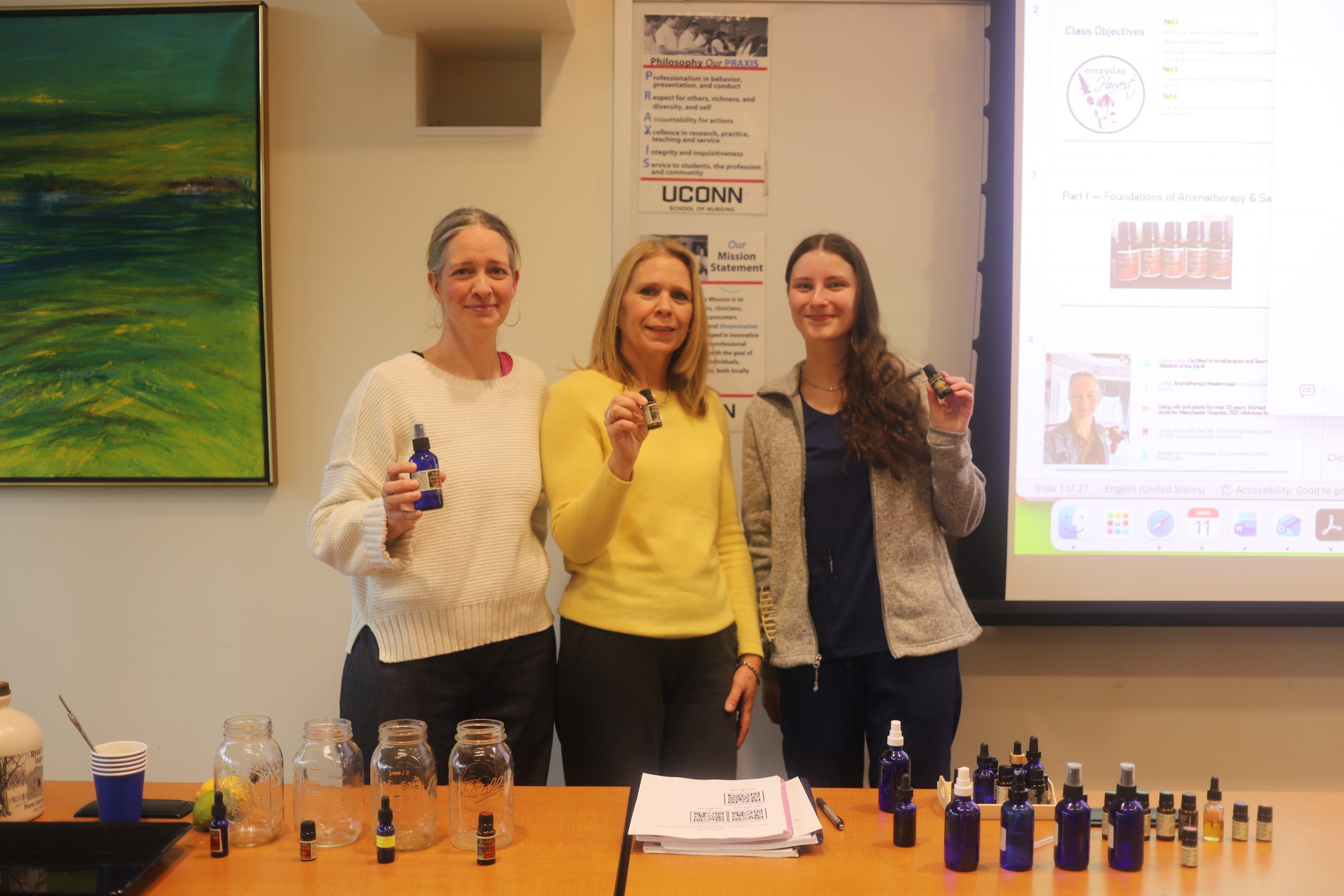Susan Cote, Michelle Judge, and a UConn Nursing student during the Nutrition, Health, and Wellness Committee's aromatherapy event.