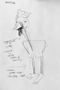 A hand-drawn rendering of the puppet Rooster.