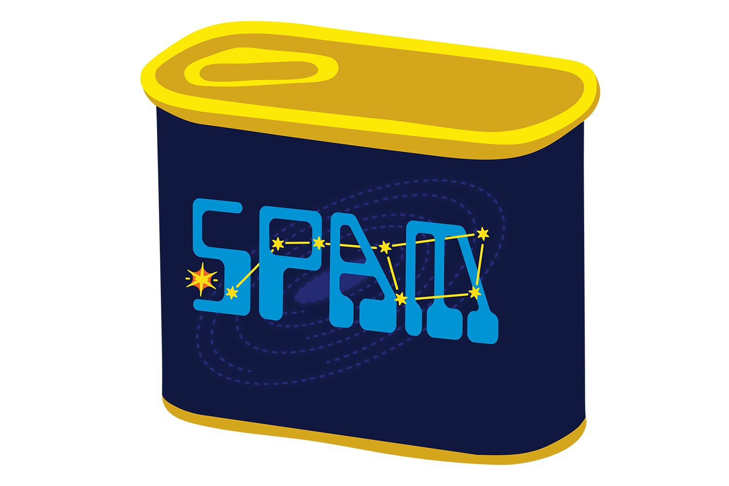 A cartoon of a blue can with SPAM drawn in lighter blue, overlayed with orange and yellow stars representing the big dipper constellation.