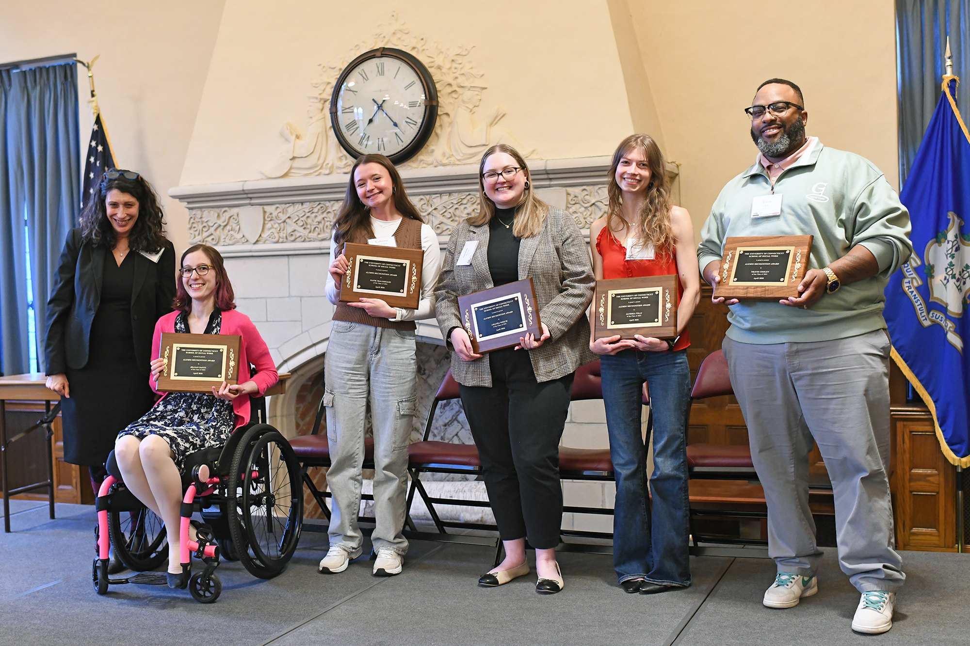 Dean Curran presented five Dean’s Alumni Recognition Awards to Jillian Davey MSW ’23, Katie Malgioglio MSW ’22; Amanda Weech MSW ’23, Alyeska Tilly MSW ’23, and Travis Cooley ’23.