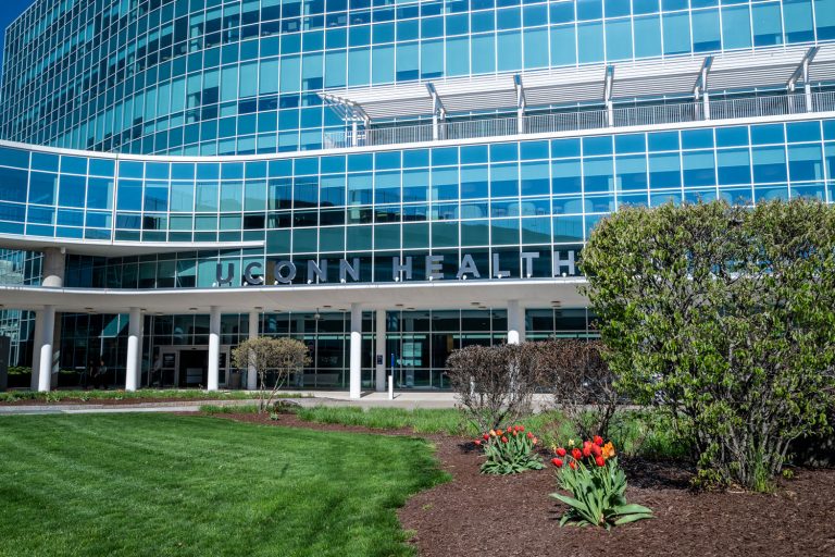 lawn in front of Outpatient Pavilion in early spring, includes rich green lawn and tulips