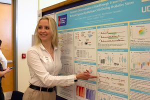Woman standing in her front of research poster, pointing at a graph.