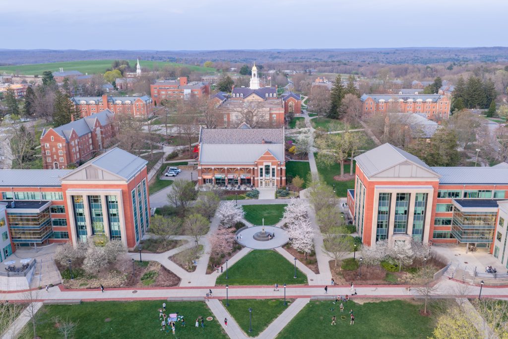 An aerial view spring blossoms across campus