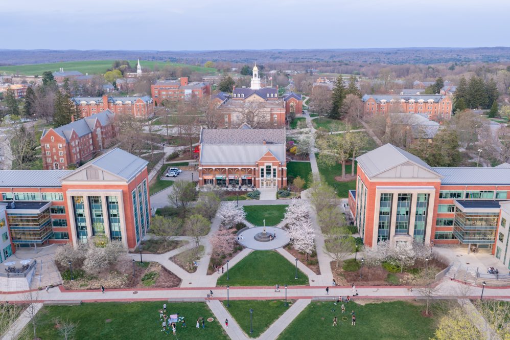 An aerial view spring blossoms across campus