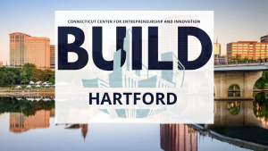 An image of the city of Hartford with the words "Build Hartford" on top