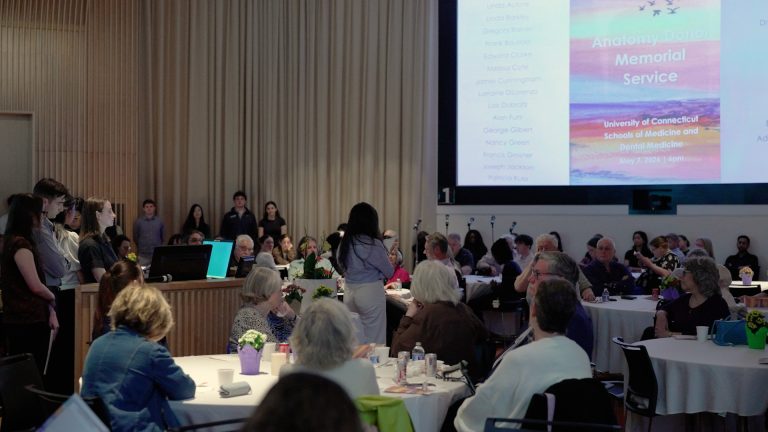 The annual Anatomy Donor Memorial Service was held in the Academic Rotunda where UConn medical and dental students honored the lasting gift of donors to the anatomy program. (Ryan Bernat/UConn Health)