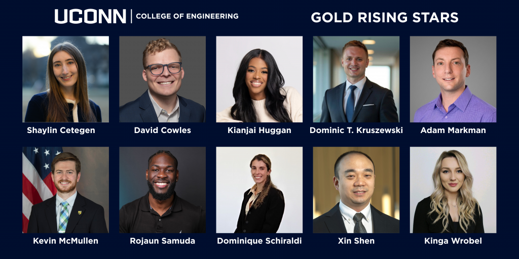 Graphic of the 2026 UConn College of Engineering GOLD Rising Stars.