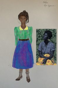 A costume design sketch of a woman dressed in a green blouse and purple-blue skirt.