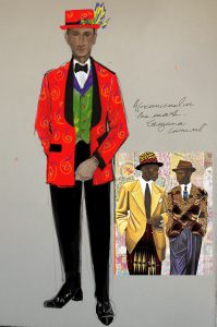 A costume design sketch of a man in a tuxedo that includes an embellished red jacket and matching hat.