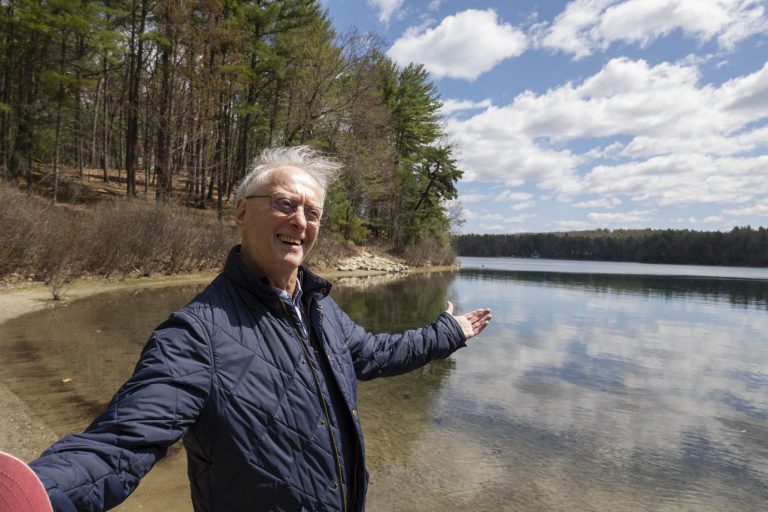 A person standing at the shore of a pond, with trees and a blue sky in the background.