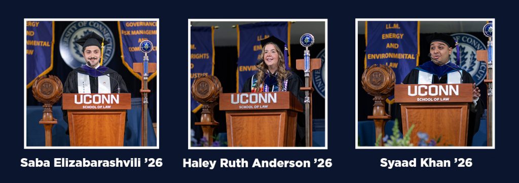 Three headshots of graduates speaking at a podium on a blue background.
